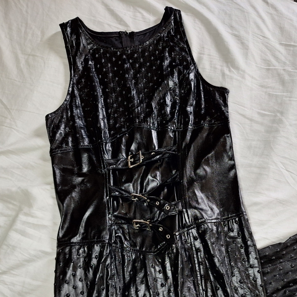 Black Sleeveless Vinyl Buckled Long Dress - Goth/90s/Formal